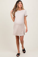 Beige Ribbed Knit Basic Short Sleeve Maternity T-Shirt Dress