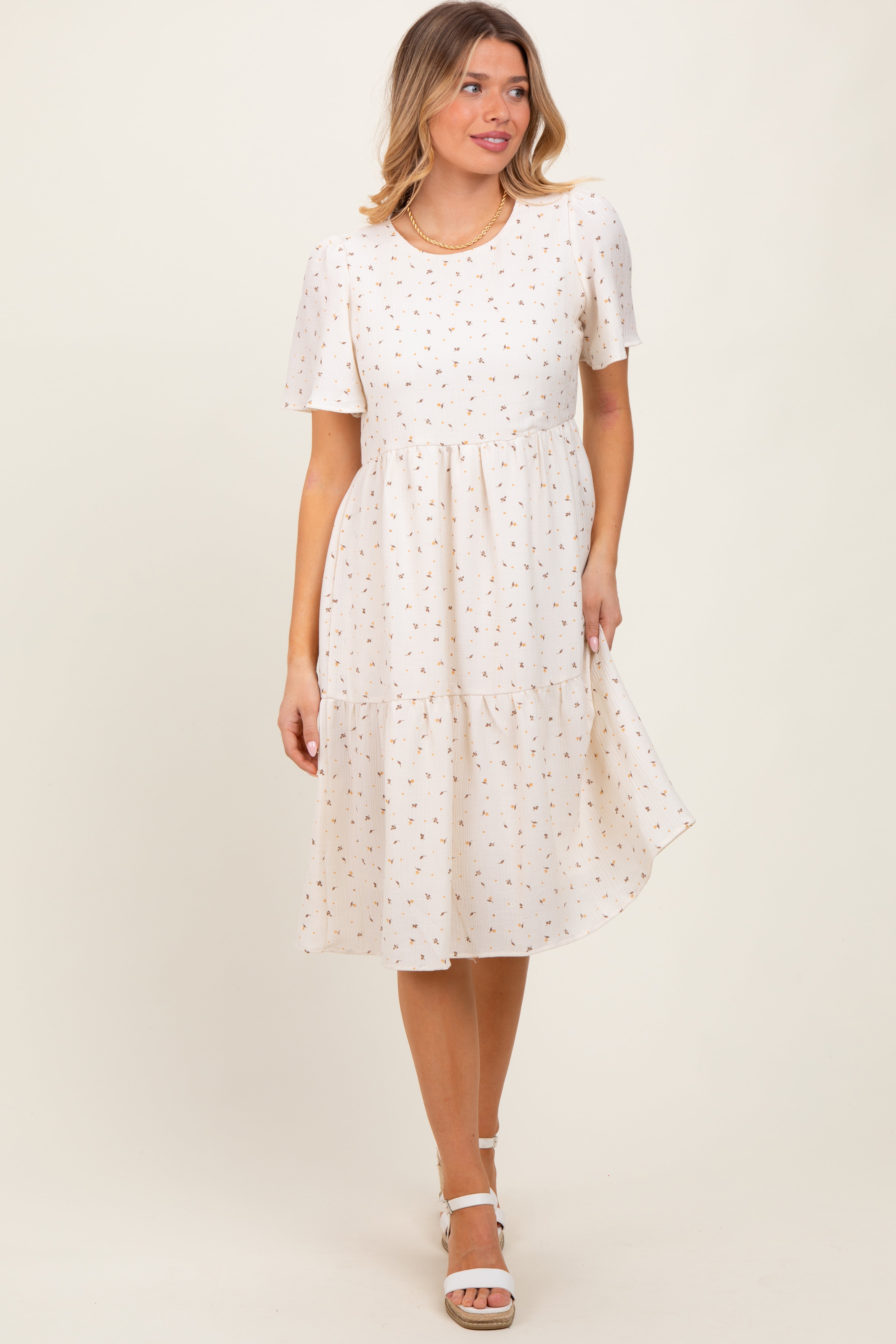 Ivory Floral Short Sleeve Tiered Maternity Midi Dress