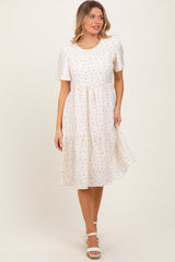 Ivory Floral Short Sleeve Tiered Maternity Midi Dress