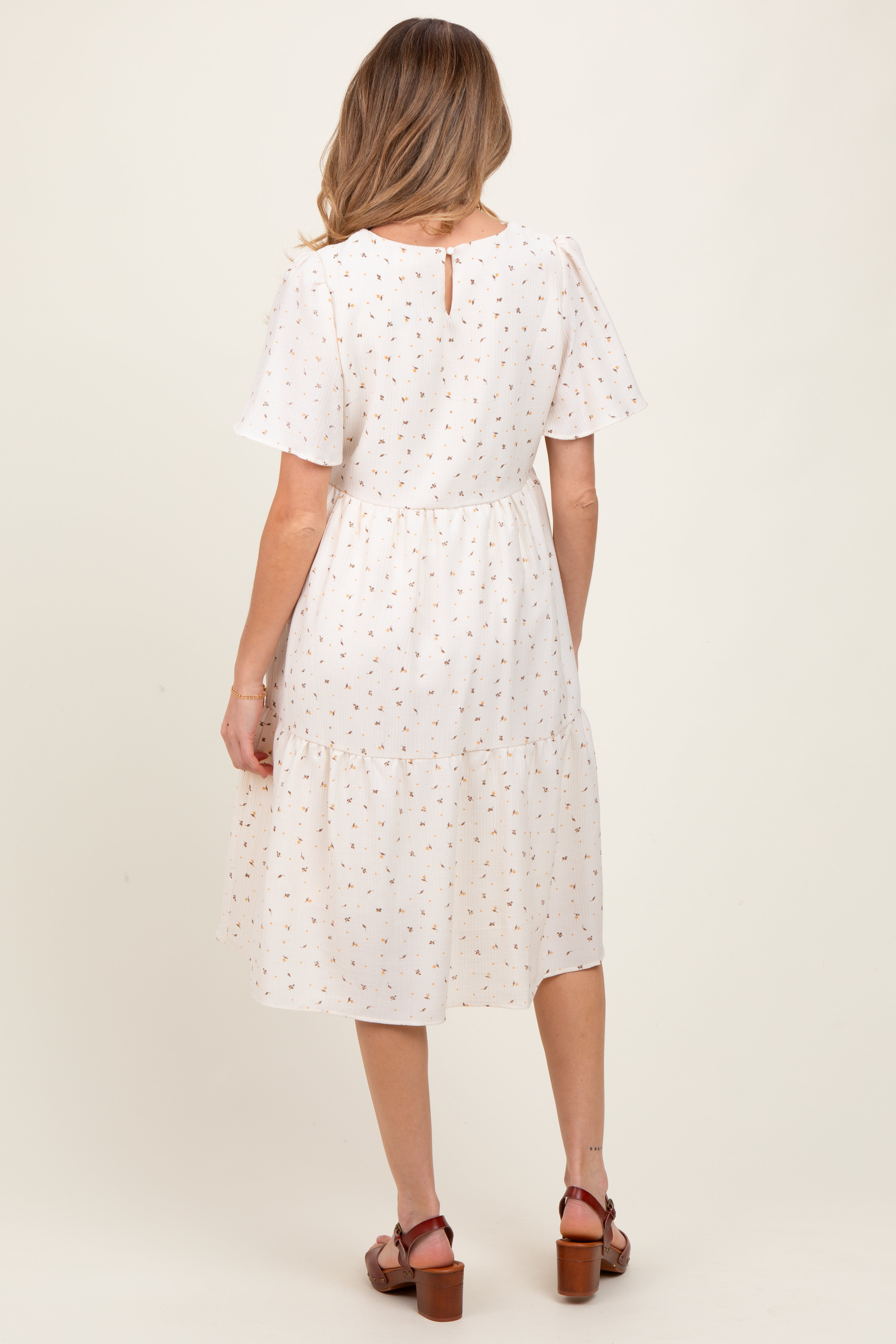 Ivory Floral Short Sleeve Tiered Maternity Midi Dress