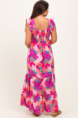 Magenta Tropical Floral Tiered Maternity Maxi Dress