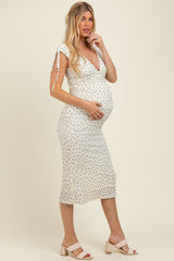 Cream Floral V-Neck Shoulder Tie Maternity Midi Dress