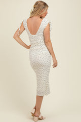 Cream Floral V-Neck Shoulder Tie Maternity Midi Dress