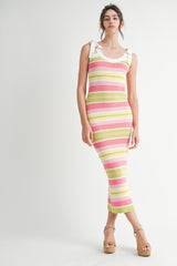 Pink Colorblock Stripe Shoulder Tie Maternity Midi Dress
