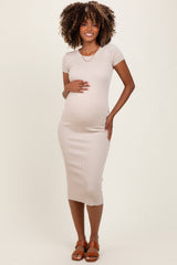 Cream Short Sleeve Rib Knit Maternity Midi Dress