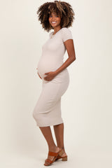 Cream Short Sleeve Rib Knit Maternity Midi Dress