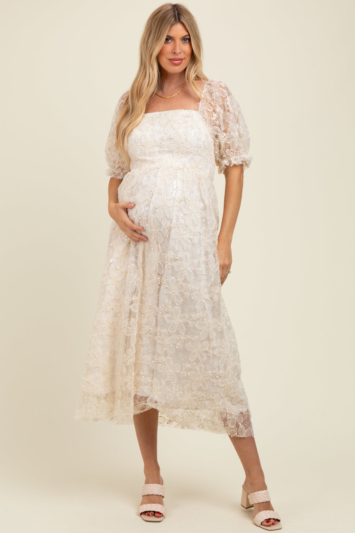 Cream Floral Mesh Overlay Tie Back Maternity Midi Dress