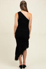 Black Ruched Mesh One Shoulder Asymmetric Maternity Dress