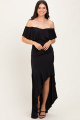 Black Off Shoulder Ruffle Hi-Low Maternity Maxi Dress