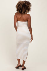 Cream Striped Knit Strapless Side Slit Maternity Maxi Dress