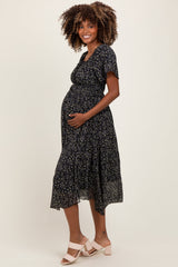 Black Floral Square Neck Front Tie Maternity Midi Dress