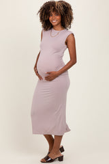 Light Pink Sleeveless Side Ruched Maternity Midi Dress