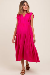 Fuchsia Ruffle Sleeve Tiered Maternity Midi Dress