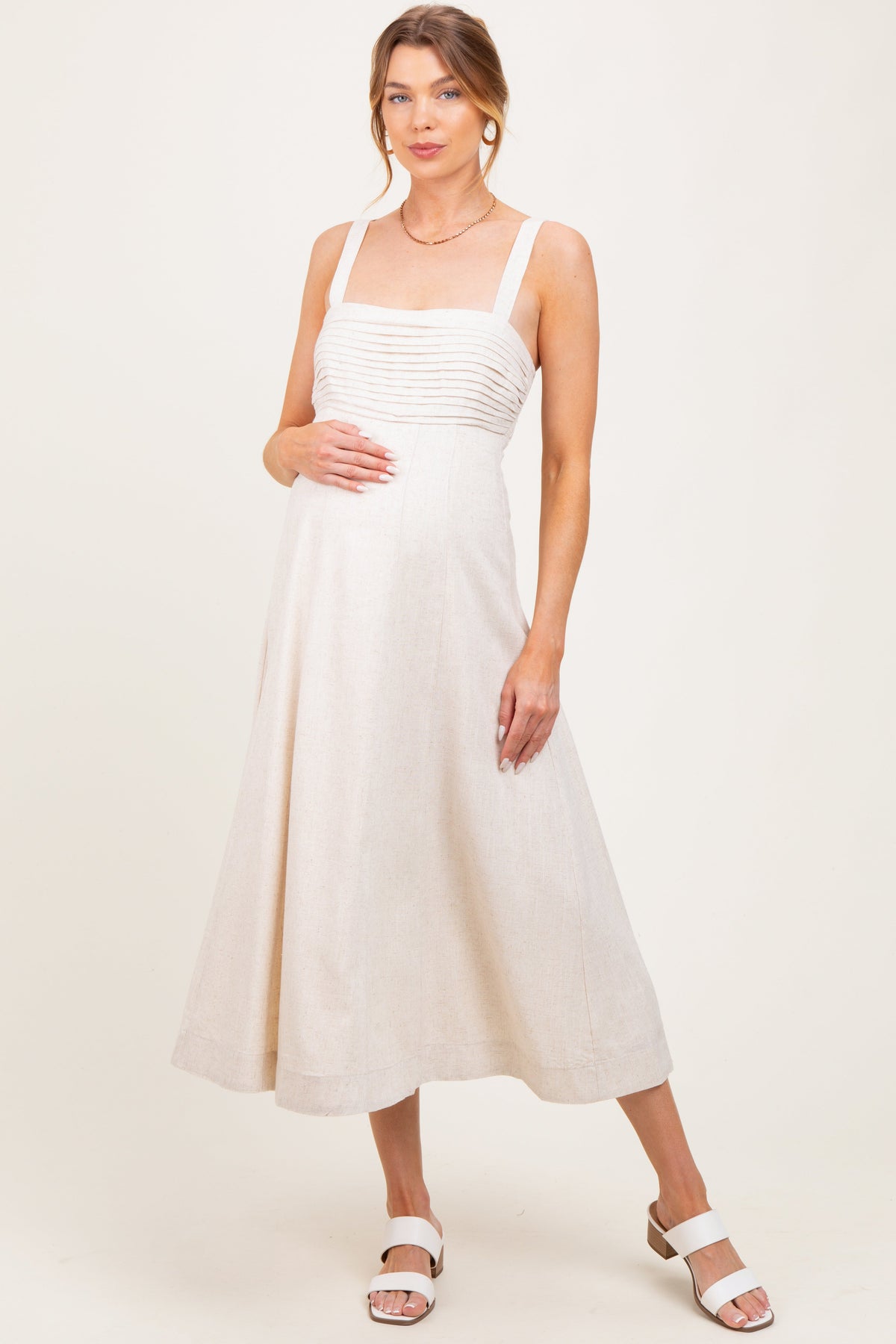 Cream Pleated Bodice Maternity Midi Dress