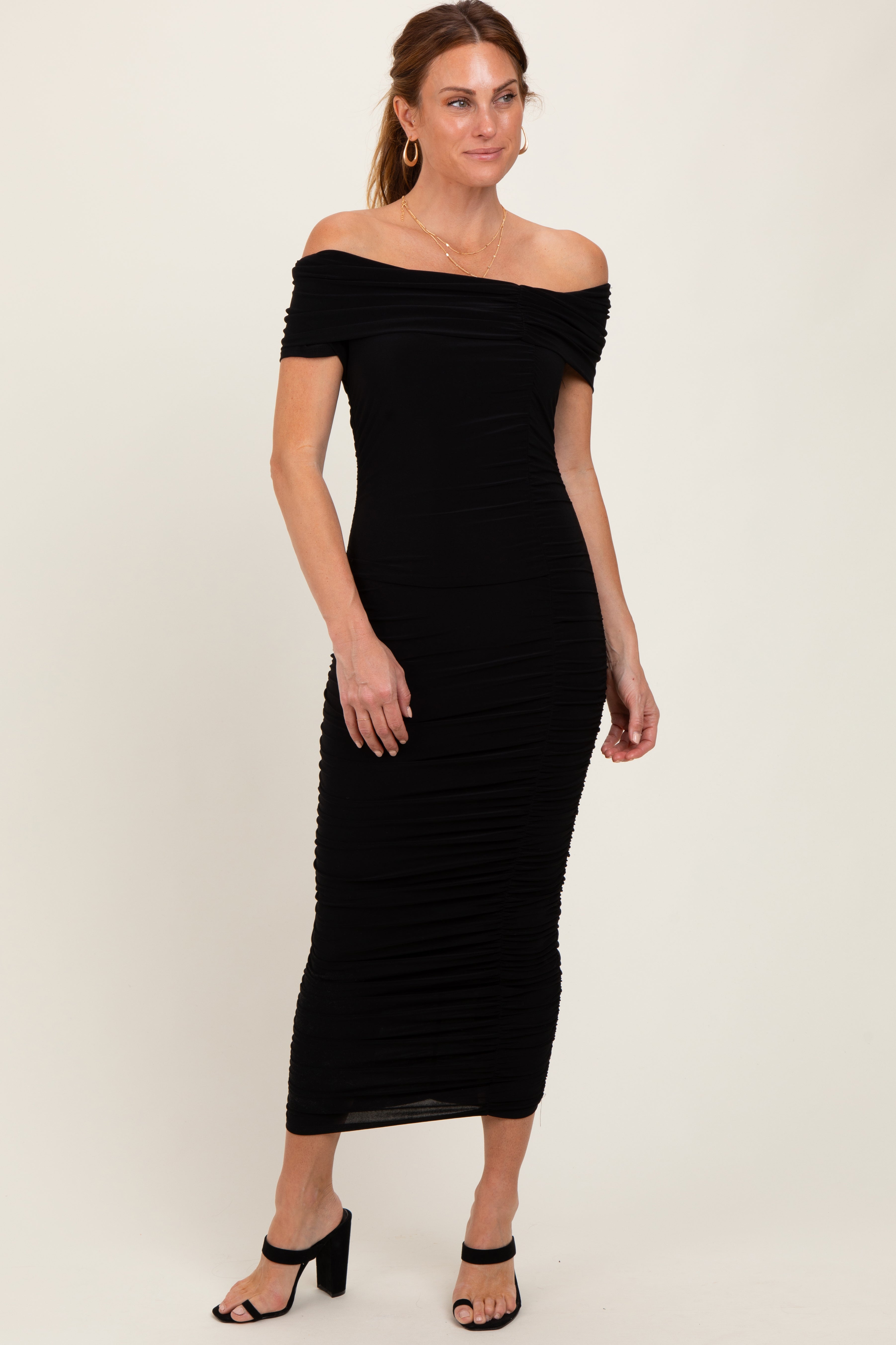 Black Off Shoulder Ruched Maternity Midi Dress