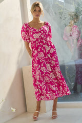 Fuchsia Floral Sweetheart Neckline Maternity Midi Dress