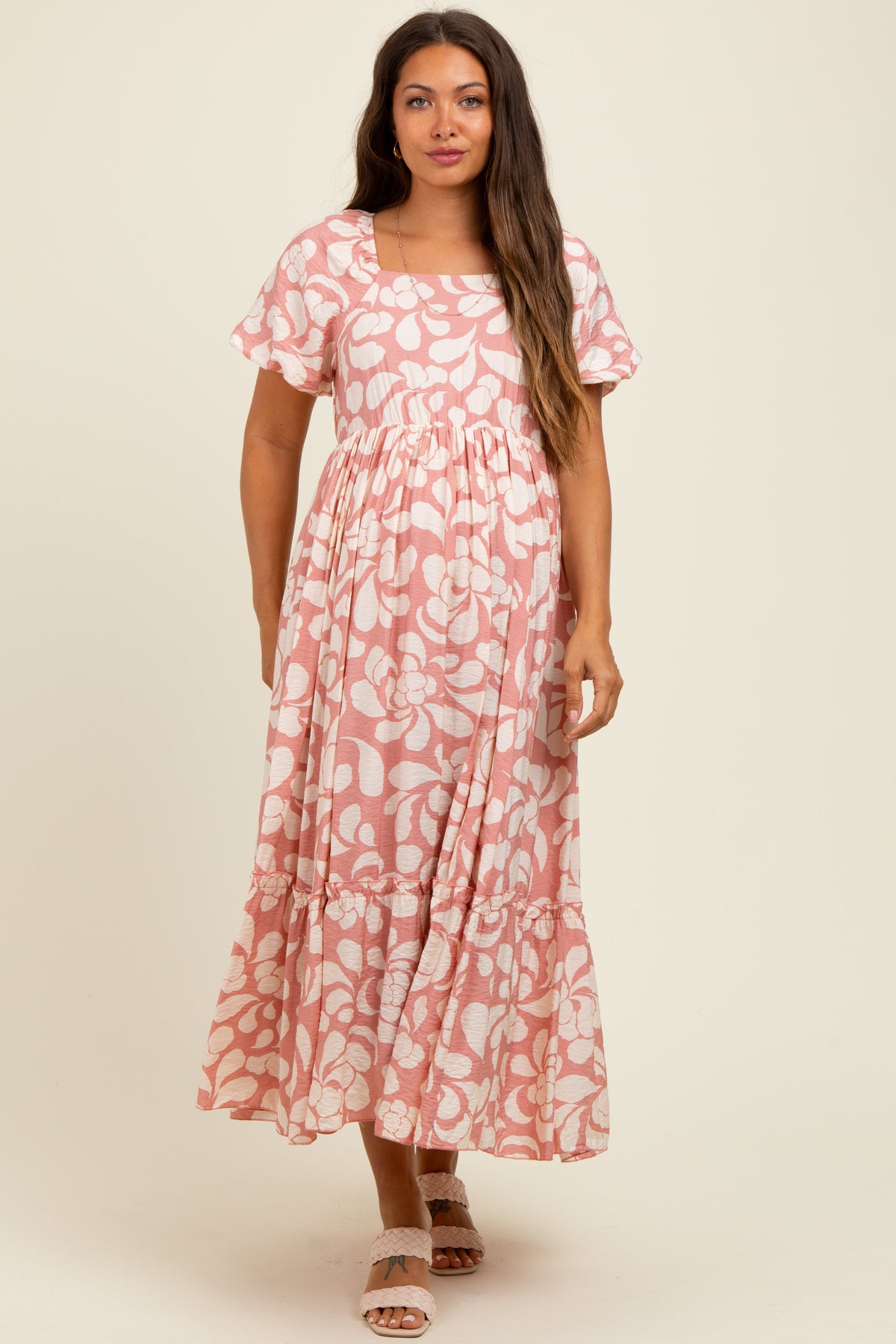 Pink Printed Square Neck Bubble Sleeve Maternity Maxi Dress