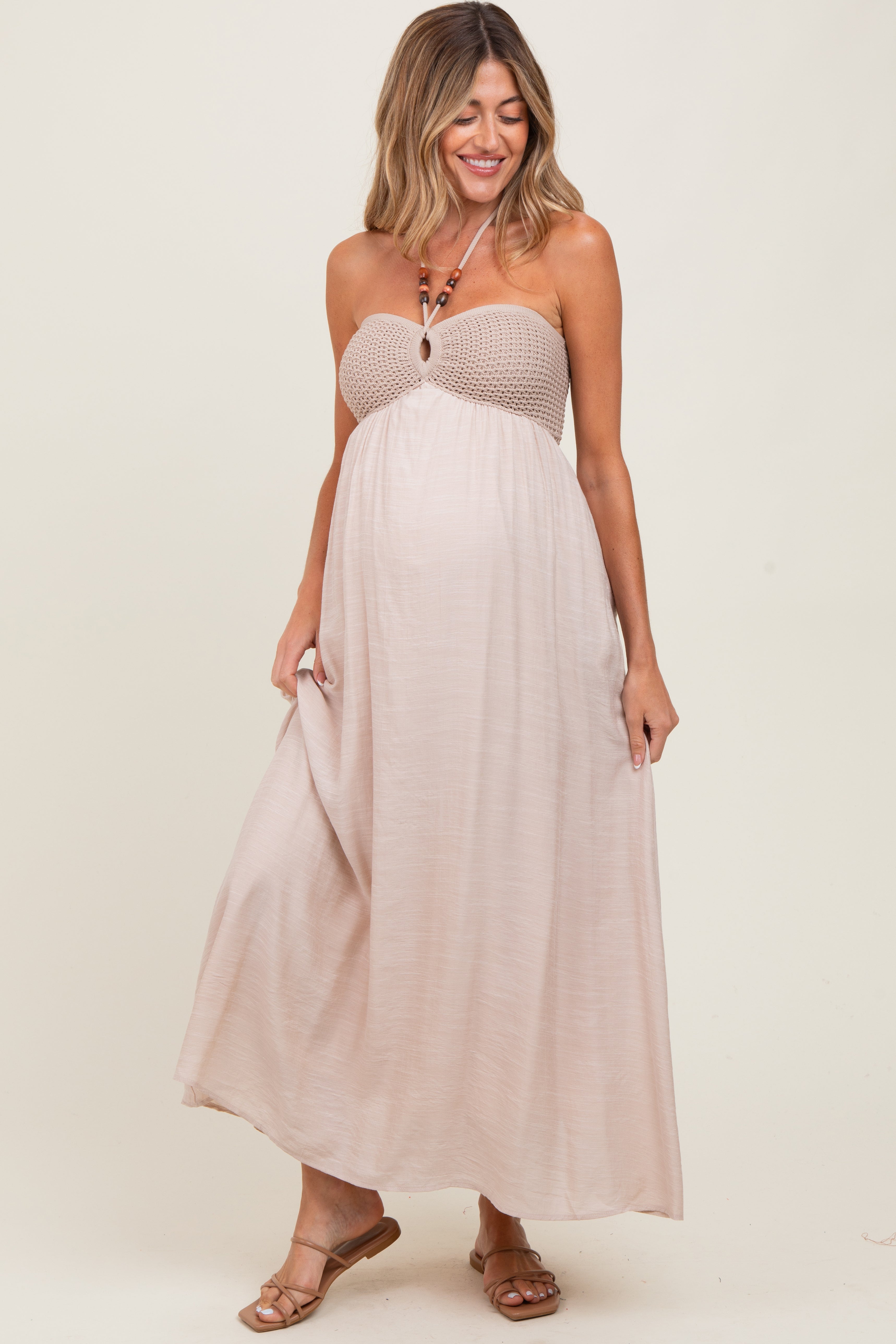Beige Crochet Contrast Beaded Halter Neck Maternity Maxi Dress