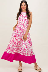 Fuchsia Floral Bow Tie Sleeveless Maternity Midi Dress