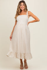 Beige Striped Cotton Sleeveless Maternity Dress