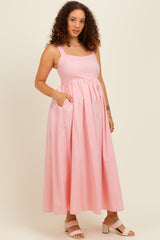 Pink Square Neck Fit And Flare Maternity Midi Dress