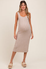 Beige Wide Ribbed Sweater Knit Maternity Midi Dress