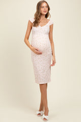 Pink Floral Ditsy Cap Sleeve Side Slit Maternity Midi Dress