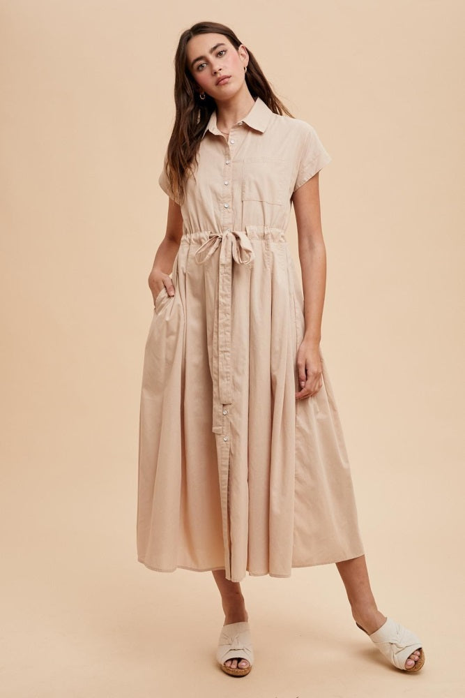 Beige Button Down Shirt Maternity Maxi Dress