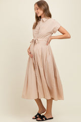 Beige Button Down Shirt Maternity Maxi Dress