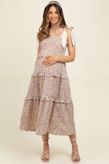 Cream Tie Shoulder Detail Floral Maternity Midi Dress