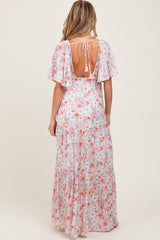 Coral Floral V-Neck Flowy Tiered Maternity Maxi Dress