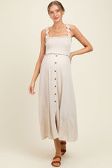 Oatmeal Smocked Button Front Linen Blend Maternity Midi Dress