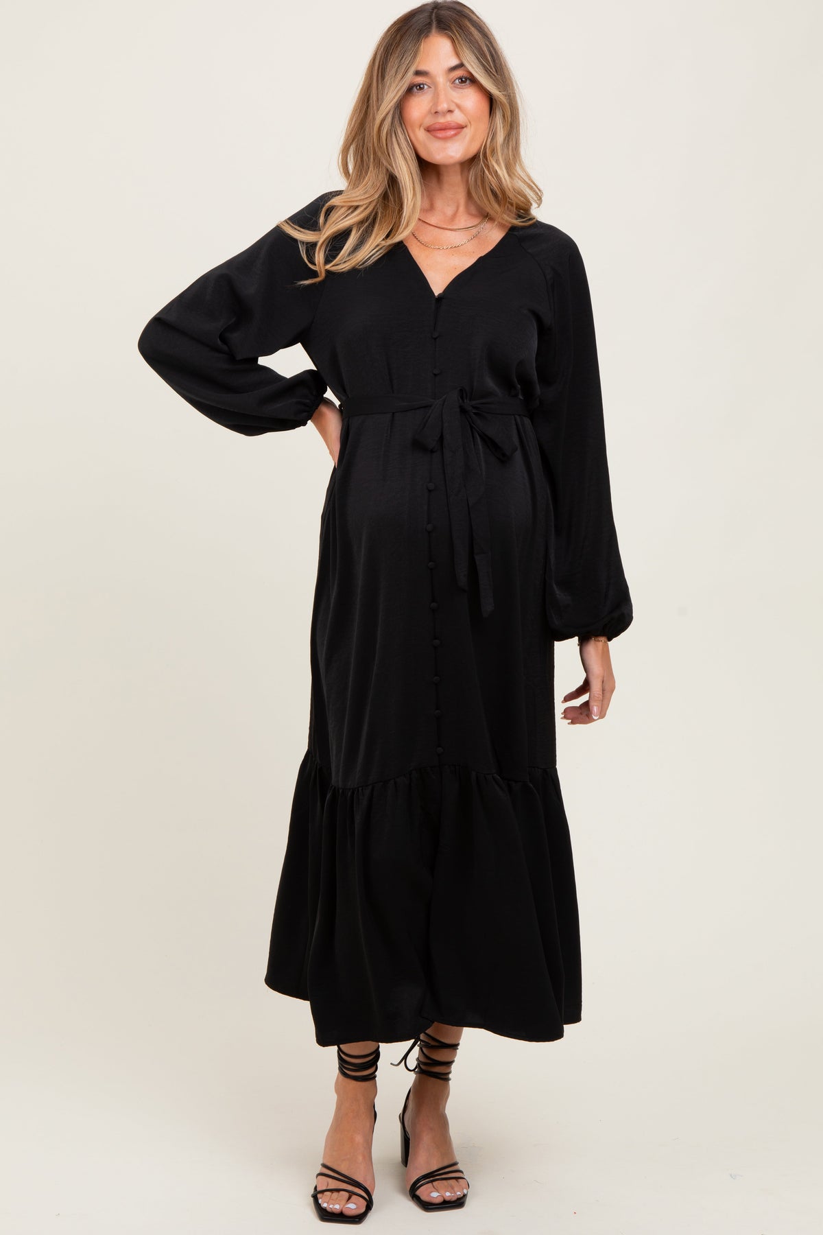 Black Elegant Long Sleeve Waist Tie Maternity Midi Dress