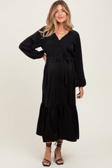 Black Elegant Long Sleeve Waist Tie Maternity Midi Dress