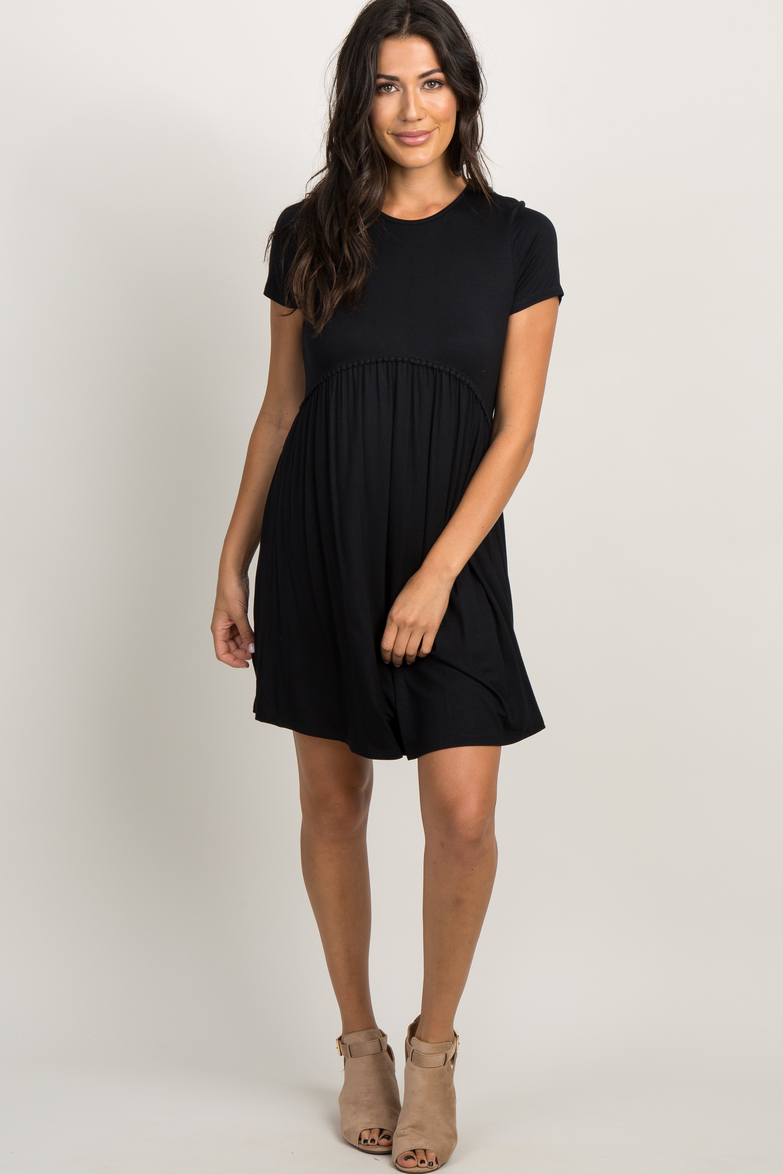 PinkBlush Black Solid Crochet Trim Maternity Shift Dress