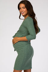 Green Brushed Knit Wrap Fitted Maternity/Nursing Dress