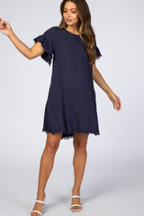 Navy Frayed Trim Back Keyhole Linen Maternity Dress