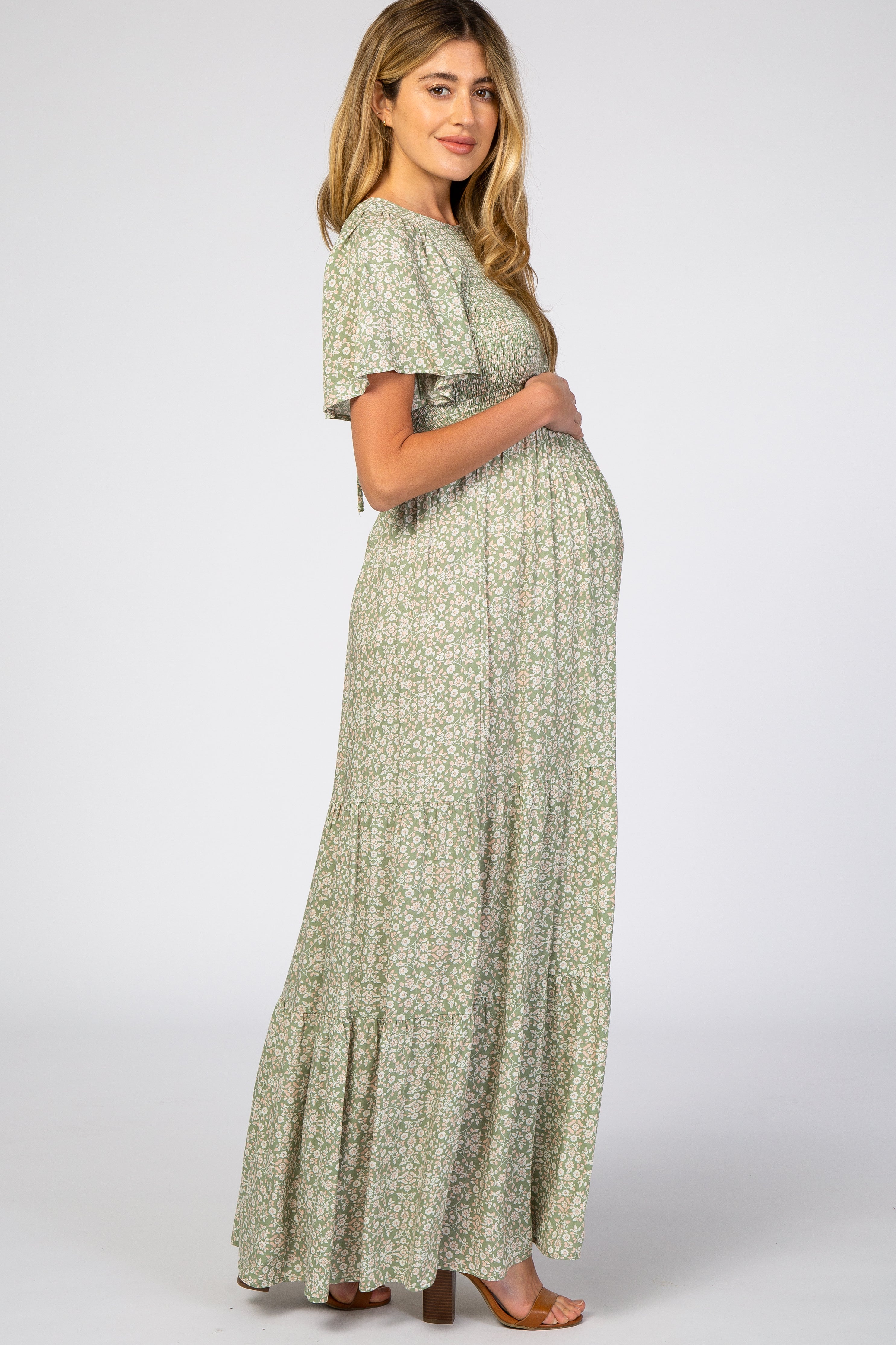Light Olive Floral Smocked Front Pleated Hem Maternity Maxi Dress