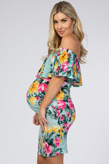 Mint Floral Off Shoulder Fitted Maternity Dress