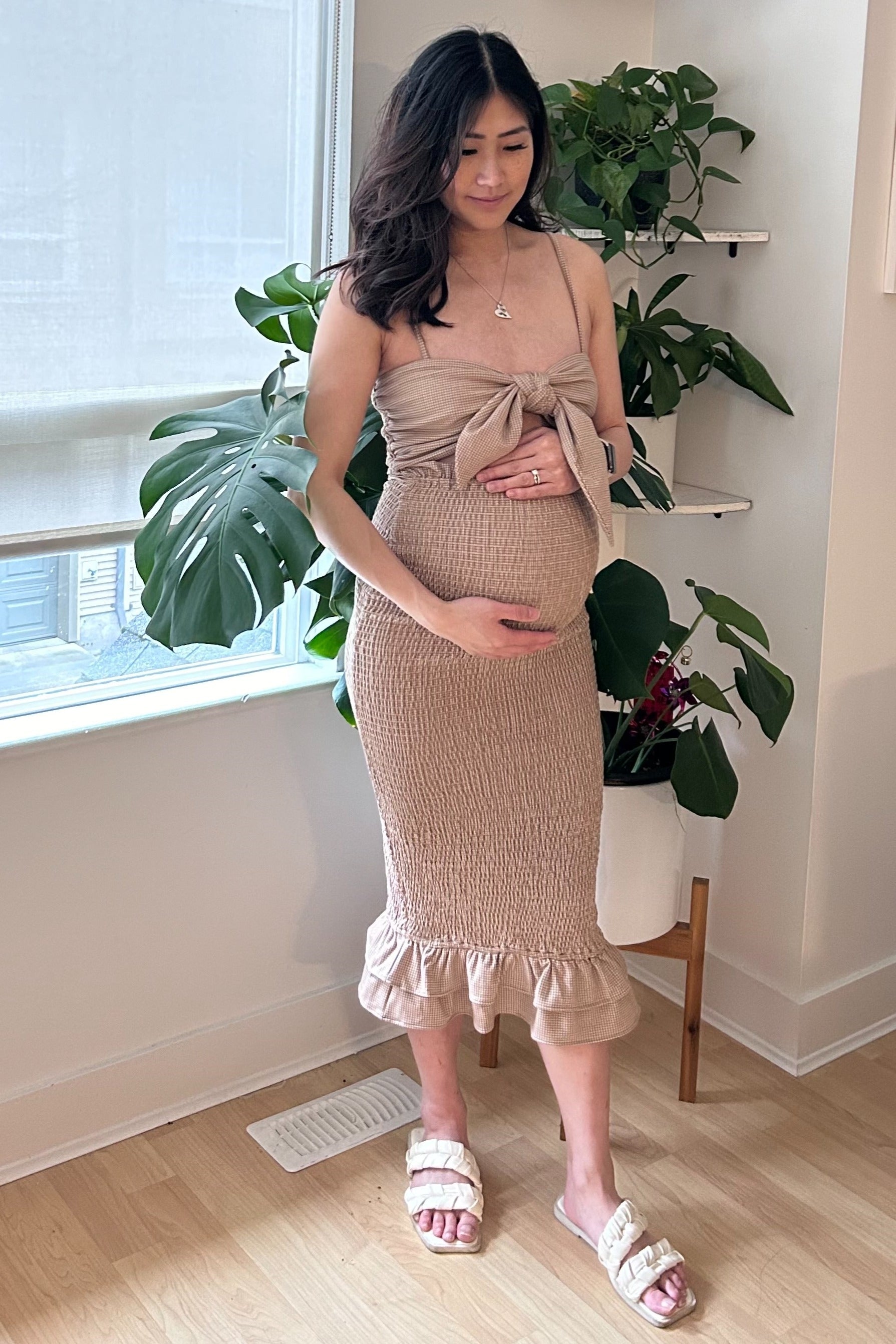 Mocha Gingham Print Smocked Fitted Self-Tie Maternity Midi Dress