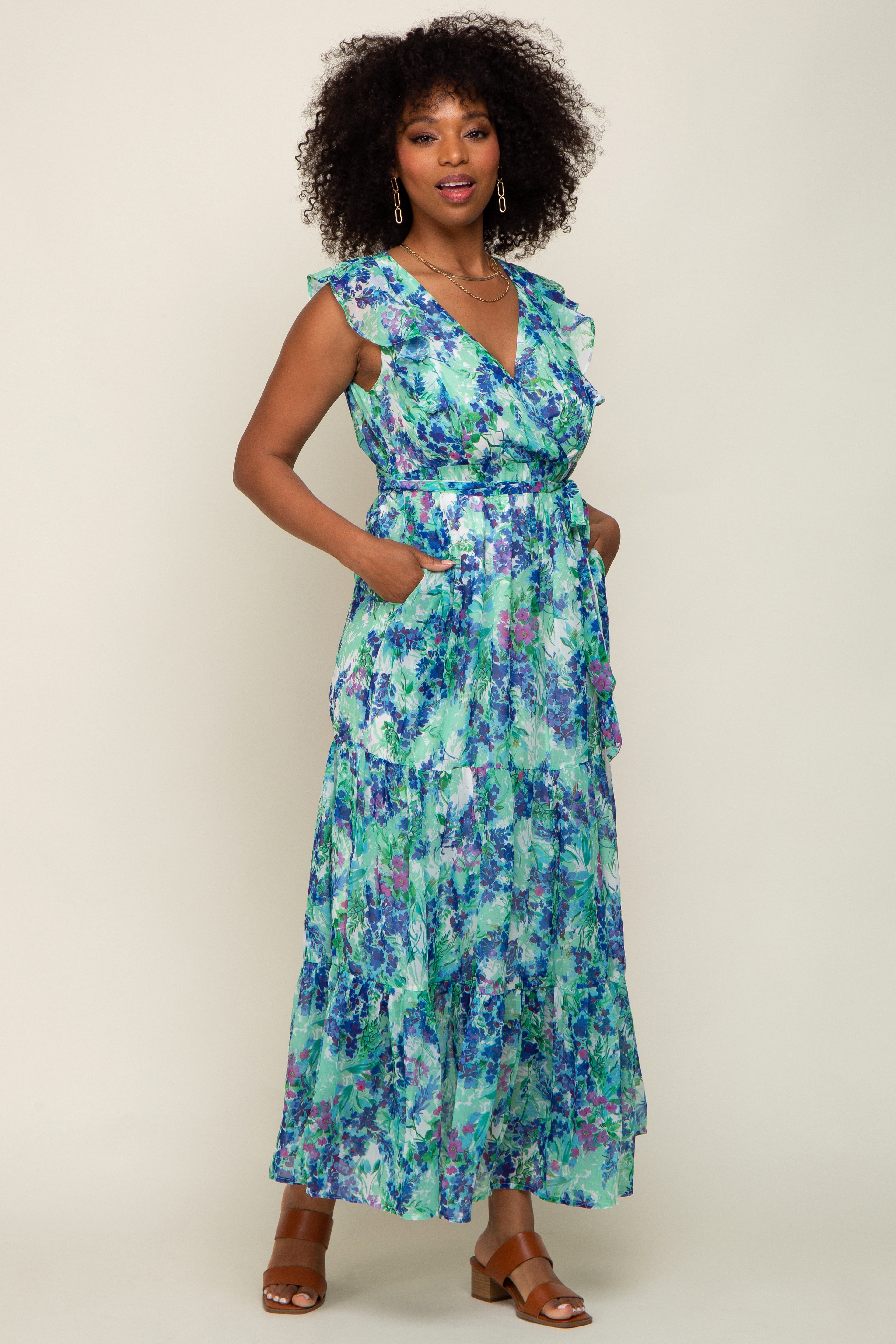 Blue Floral Ruffle Accent Waist Tie Maternity Maxi Dress