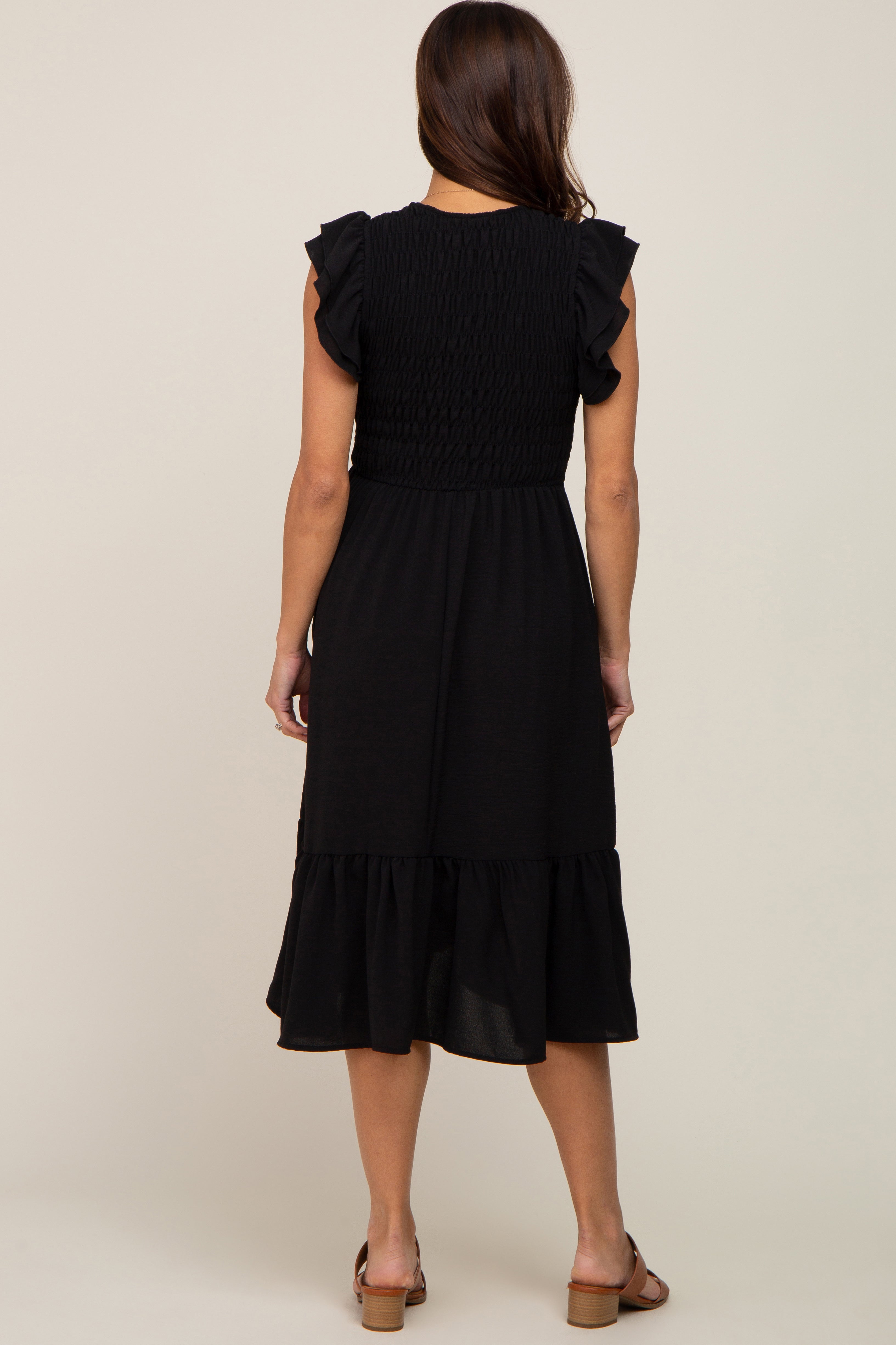 Black Smocked Layered Ruffle Flutter Sleeve Maternity Midi Dress