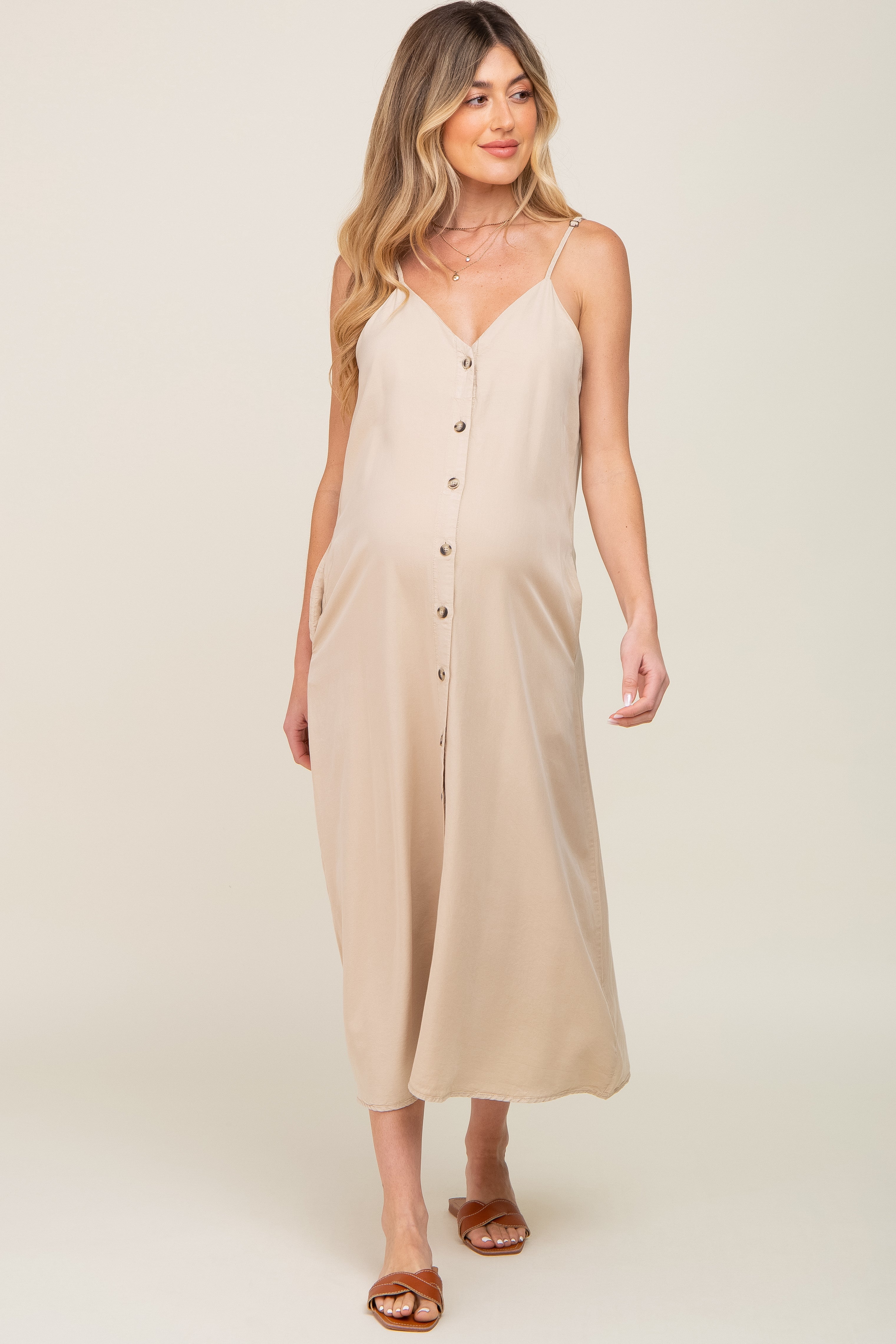 Beige Button Down Maternity Midi Tank Dress