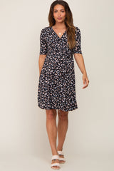 Black Floral Wrap Front V-Neck Short Sleeve Maternity Dress