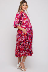 Magenta Floral Satin Ruffle Neck Maternity Midi Dress