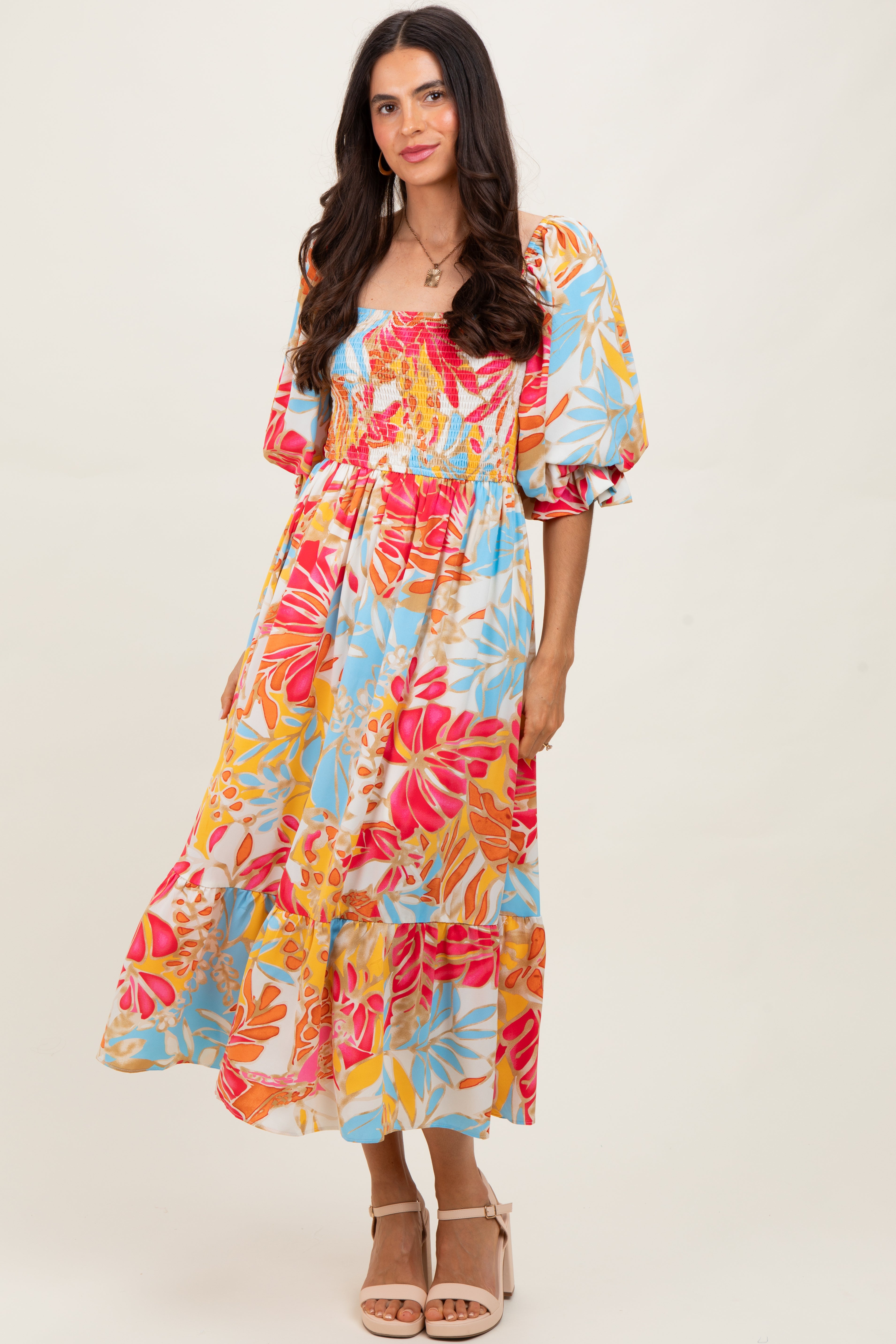Fuchsia Leaf Print Puff Sleeve Smocked Maternity Midi Dress