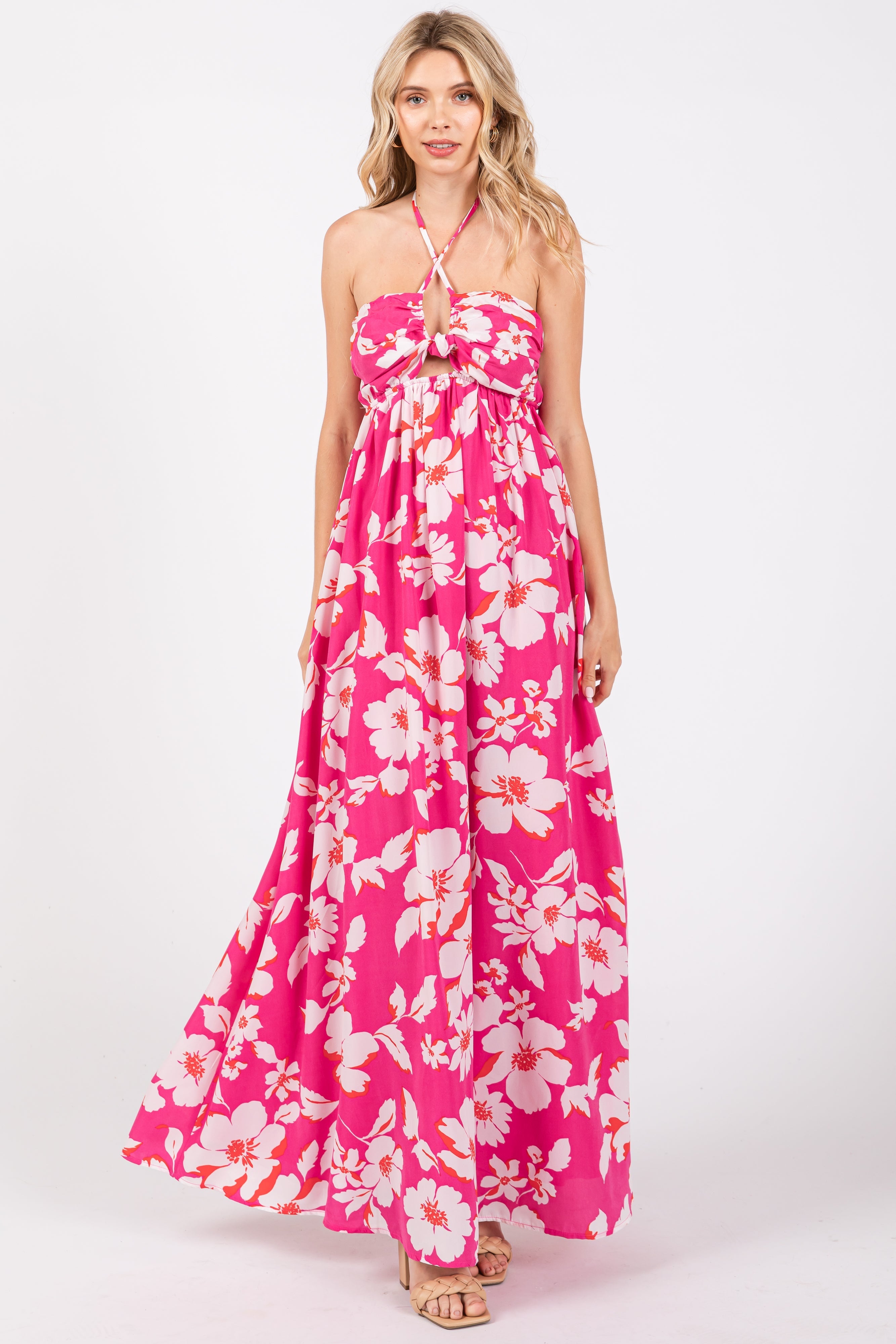 Fuchsia Floral Halter Neck Maternity Maxi Dress