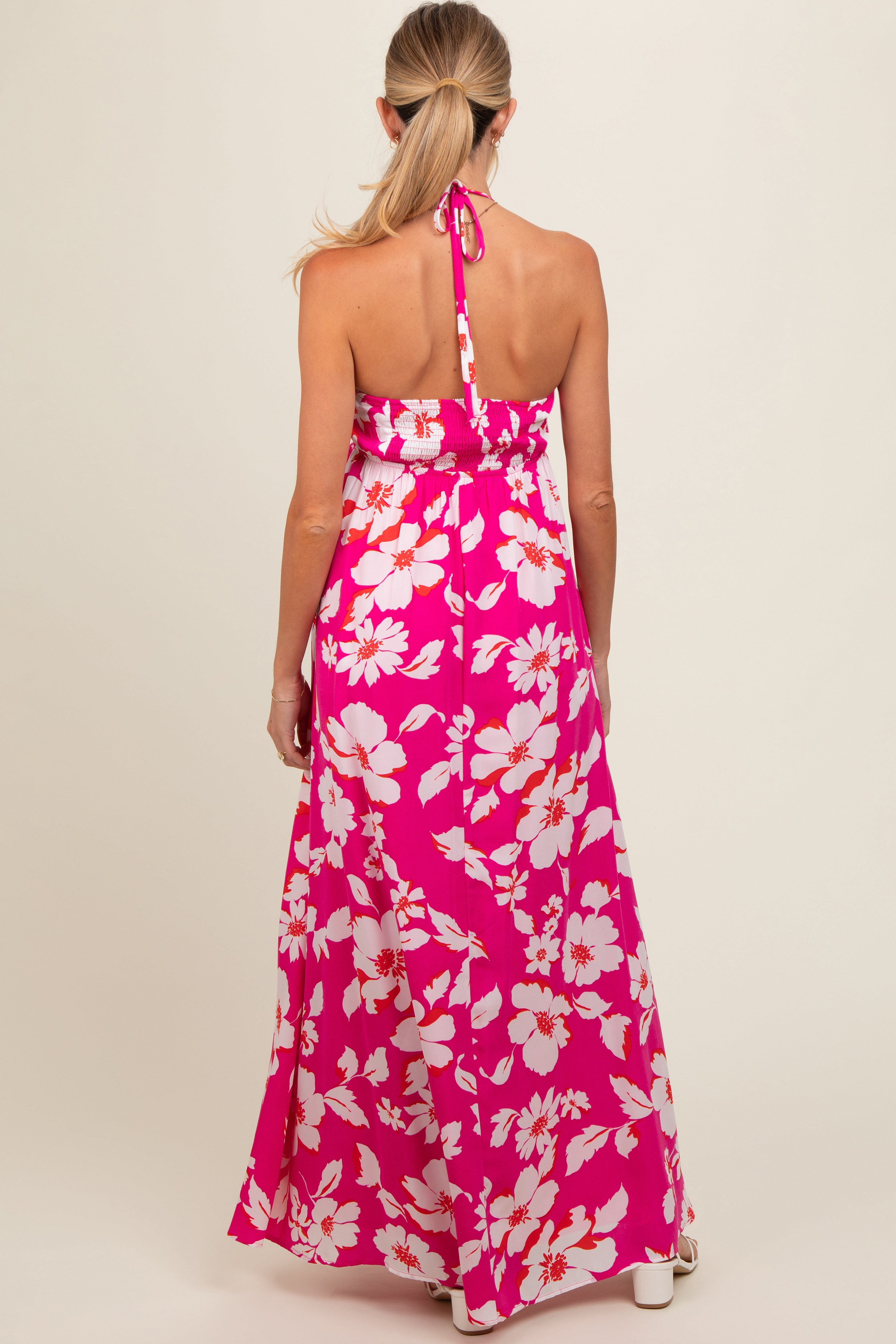 Fuchsia Floral Halter Neck Maternity Maxi Dress