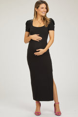 Black Ribbed Square Neck Side Slit Maternity Dress