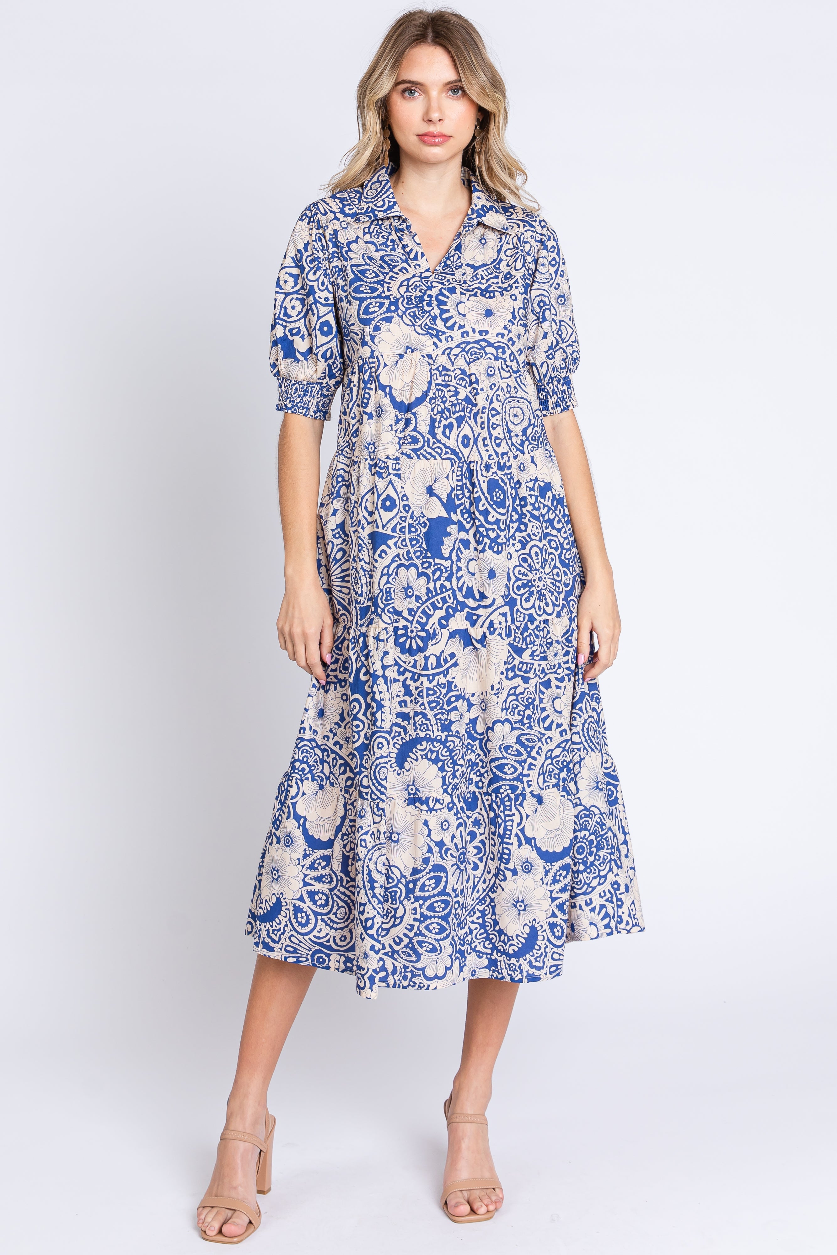 Blue Floral Collared Tiered Maternity Midi Dress